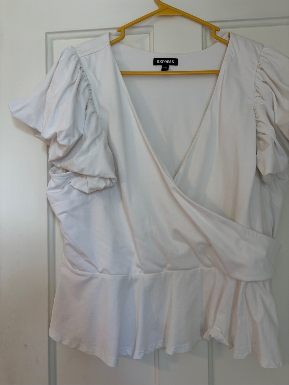 Express White Wrap Peplum Top with Ruched Short Sleeves